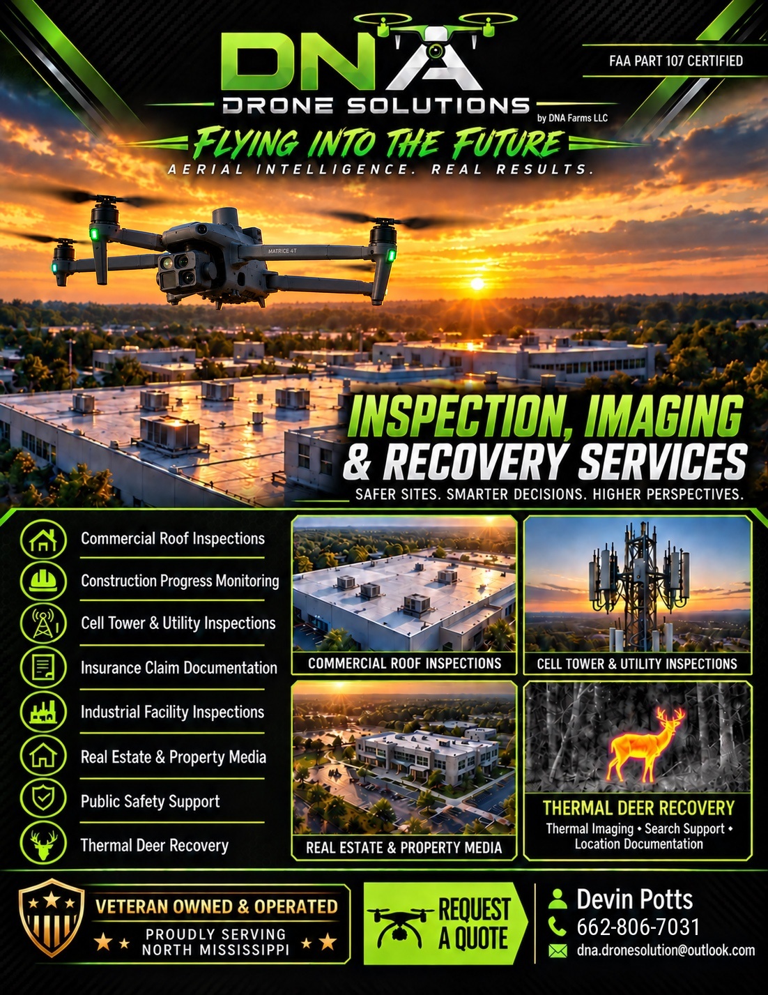 DNA Drone Solutions capabilities flyer featuring a drone and inspection, imaging, and recovery services