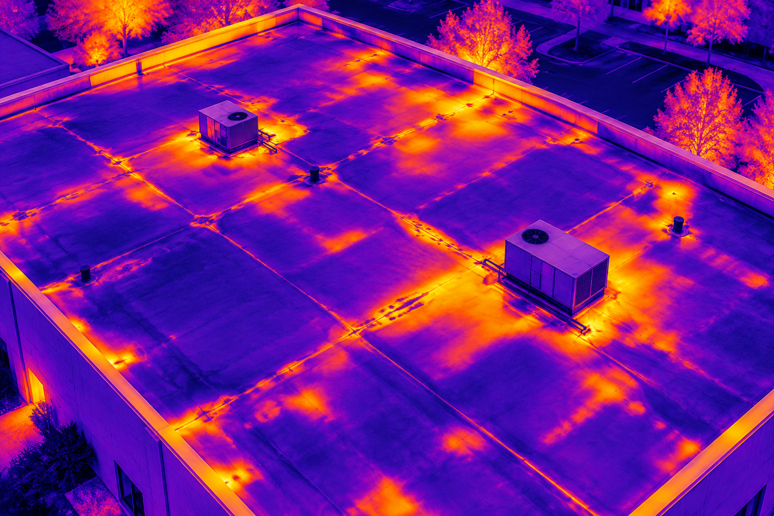AI illustration: Commercial roof — illustrative thermal patterns