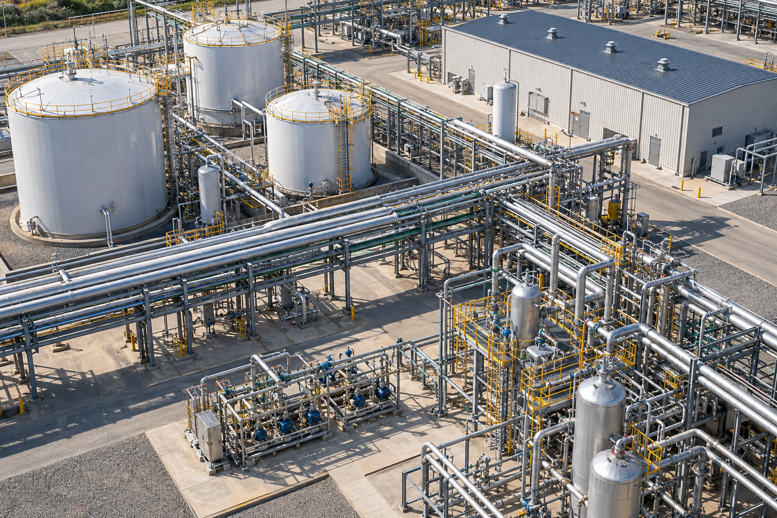 AI-generated industrial facility overview showing tanks and pipework